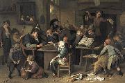 A school class with a sleeping schoolmaster, oil on panel painting by Jan Steen, 1672